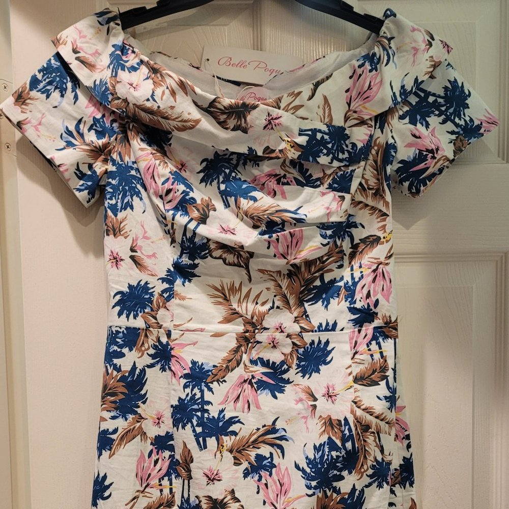 Belle Poque - floral pattern (white/tan/blue/pink) sundress/cocktail length